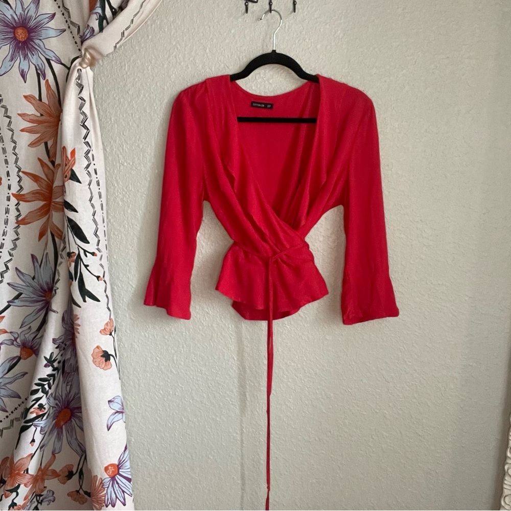 Cotton On Red Flutter Sleeve Wrap Top - Small